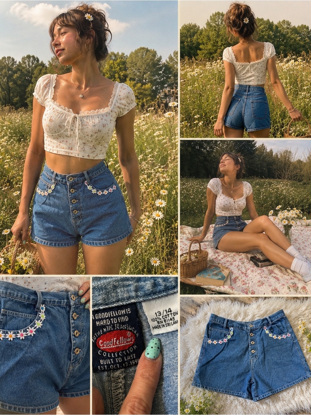 Vintage 90s Daisy Appliqué High Waisted Denim Mom Shorts